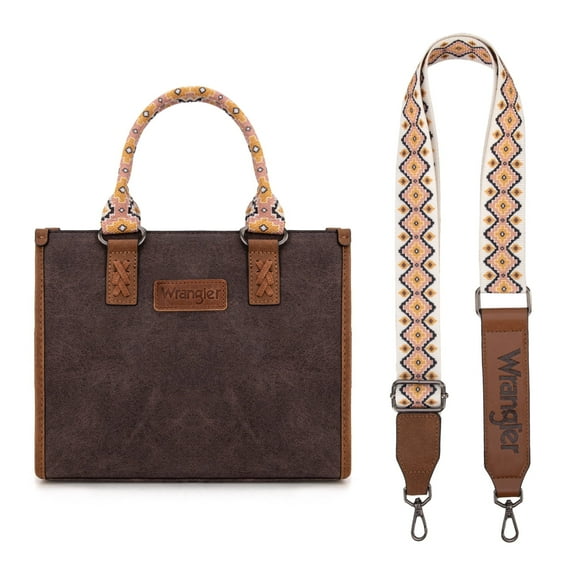 Wrangler Tote Bag for Women Western Retro Purse Top Handle Handbags with Aztec Strap, coffee and White