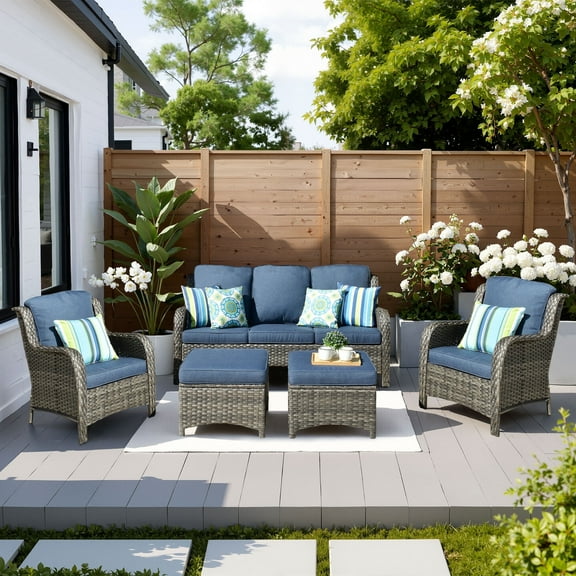 Ovios 5 Pieces Outdoor Patio Furniture Set All-Weather Wicker High Back Conversation Sets Outdoor Sectional Sofa Couch with Cushions for Backyard