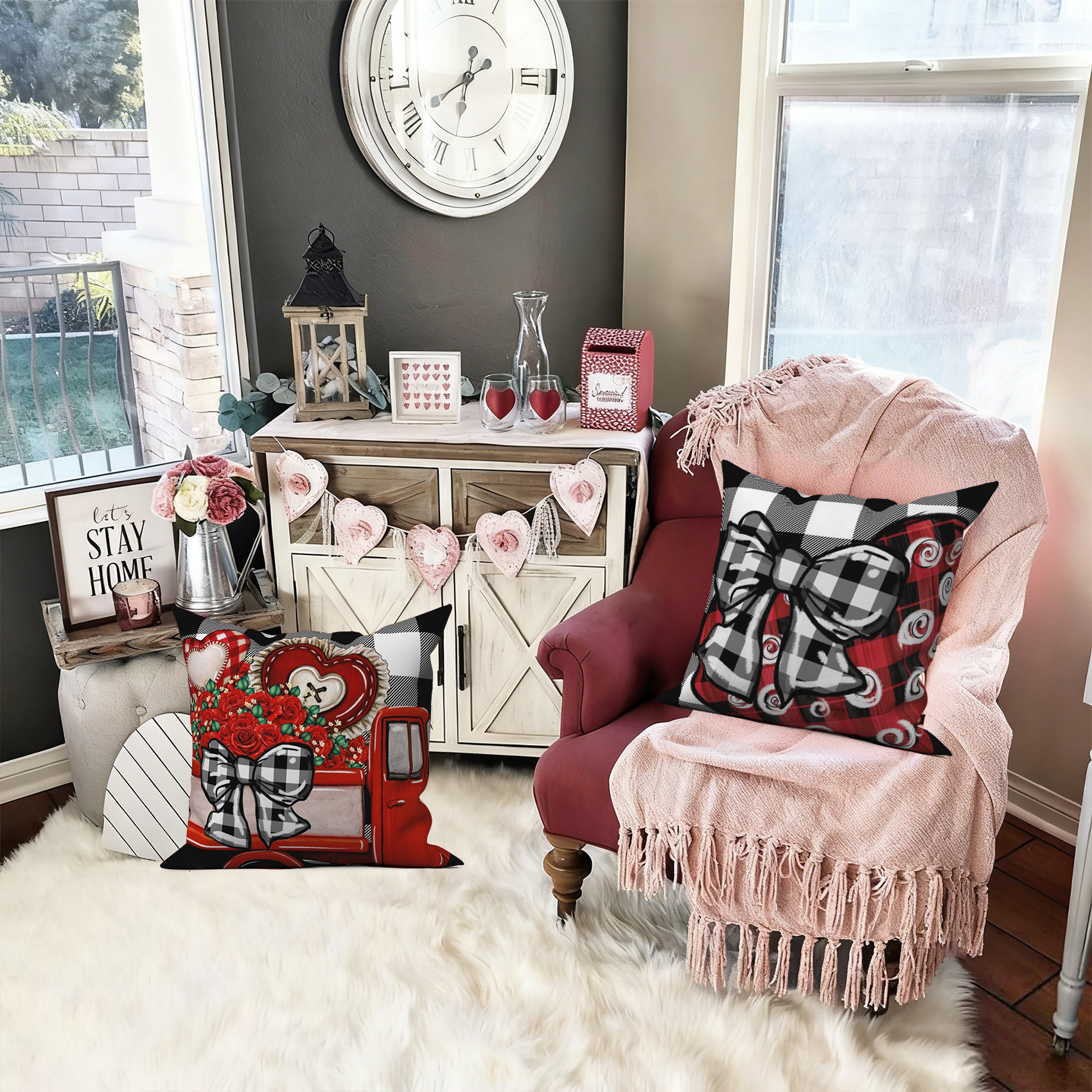 Valentines Throw Pillow Cover for Home Decor Red Love and Truck Linen Decorative Pillowcase 20x20,Set of 4