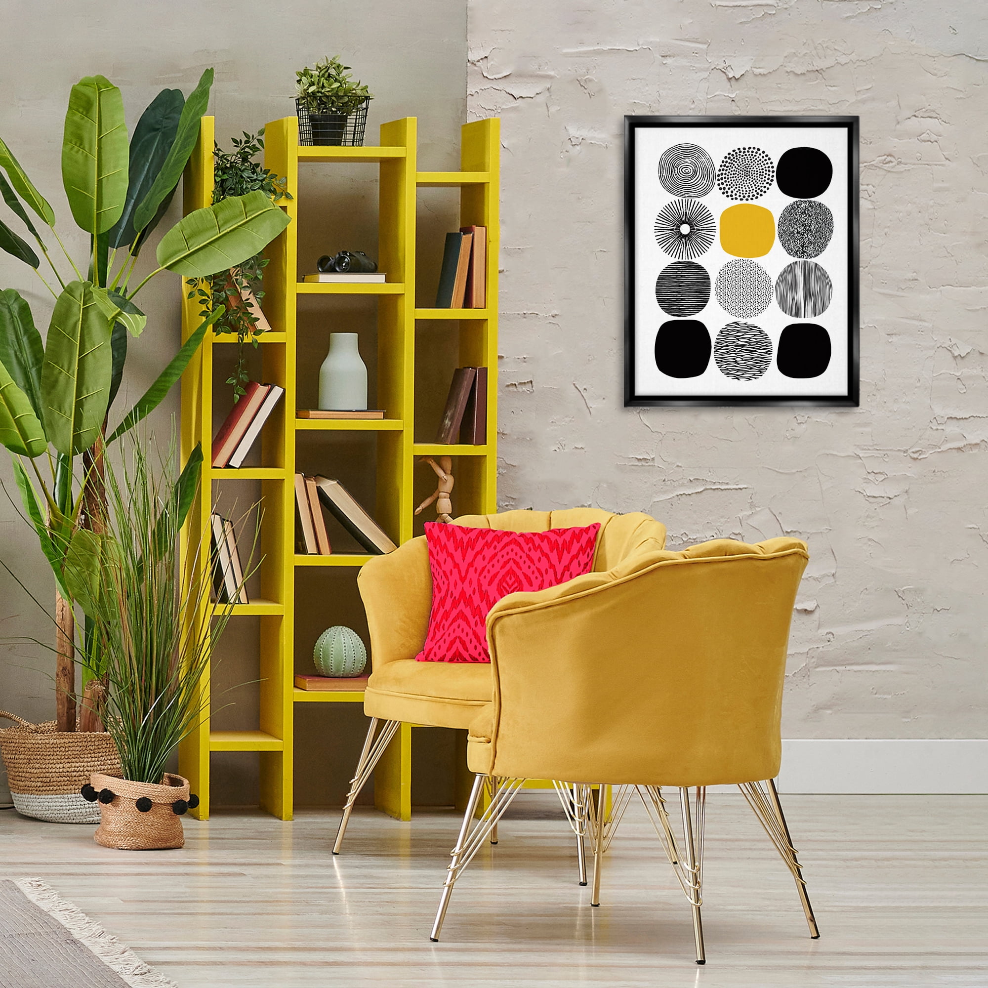 Stupell Industries Patterned Circles Yellow Accent Abstract Painting Black Floater Framed Canvas Art Print Wall Art, 17 x 21
