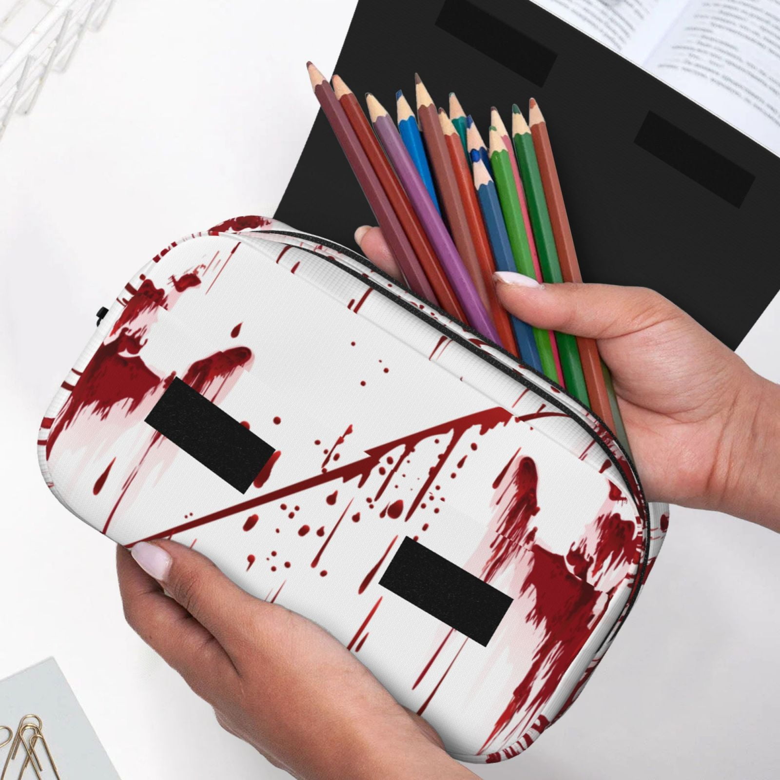 Rateoe Bloody Hand Pattern Double Clamshell Pen Case, Storage Organizer with Two Zipper Compartments– Holds Up to 50 Pencils & Pens