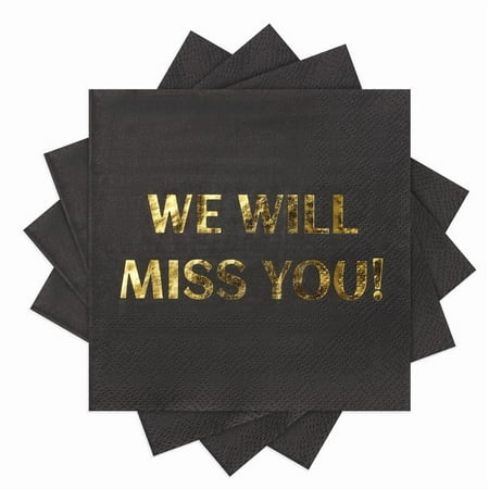 MyMealivos 100 Pcs We Will Miss You Cocktail Napkins White Gold Farewell, Going Away, Retirement Party, Coworker Leaving Goodbye, Moving Celebrations, 3-Ply, Black