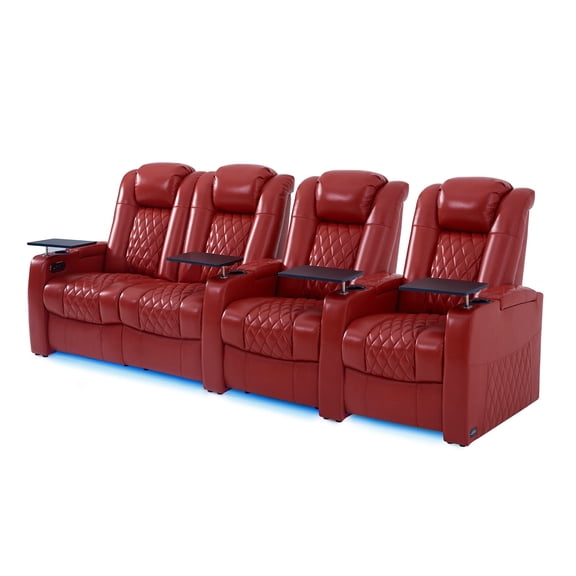 comfiroom Home Theater Seating Classic Series Top Grain Leather Recliner Chair Dual Power Electric Headrest Movie Gaming Sofa with Tray Table Type-C USB Charger (RED, Row of 4 Loveseat Left)