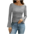thumbnail image 2 of Uootdi Cropped Long Sleeve Shirts for Women Boat Neck Bell Sleeve Stretchy Slim Fit Going Out Tops Lightweight Plain Pullover Basic Y2K Tops Gift, 2 of 6