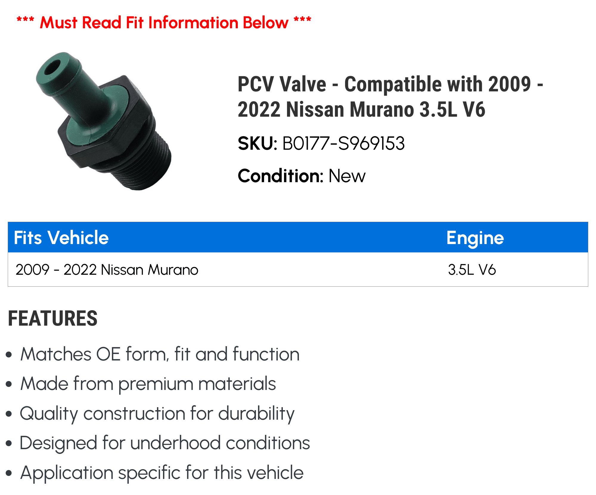 PCV Valve - Compatible with 2009 - 2022 Nissan Murano 3.5L V6 2010 2011 2012 2013 2014 2015 2016 2017 2018 2019 2020 2021