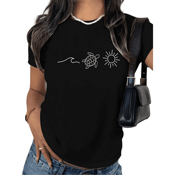 Black Turtle Wave Print Tshirt Coastal Nature Graphic Tees Simple Line Shirts Short Sleeve Womens S-5XL Tops