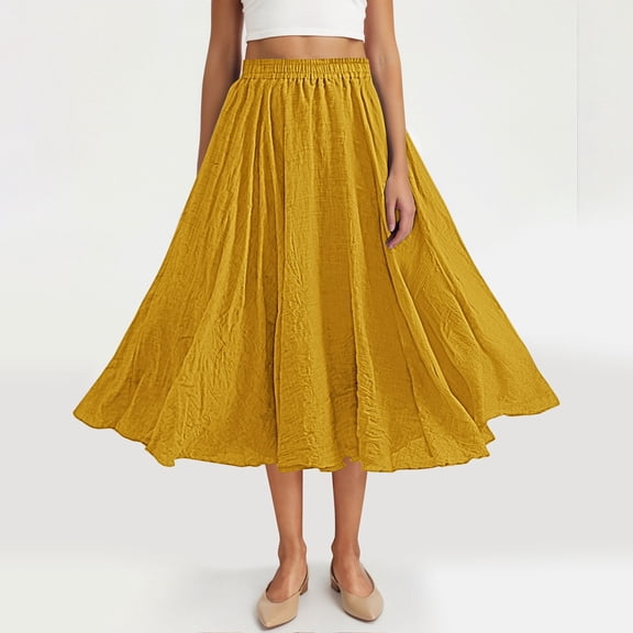 Dxzfnsa Women's Pleated Midi Skirts Spring Summer High Waisted Knee Length Flowy A Line Skirts Womens Comfy Casual Solid Color Flared Skirts