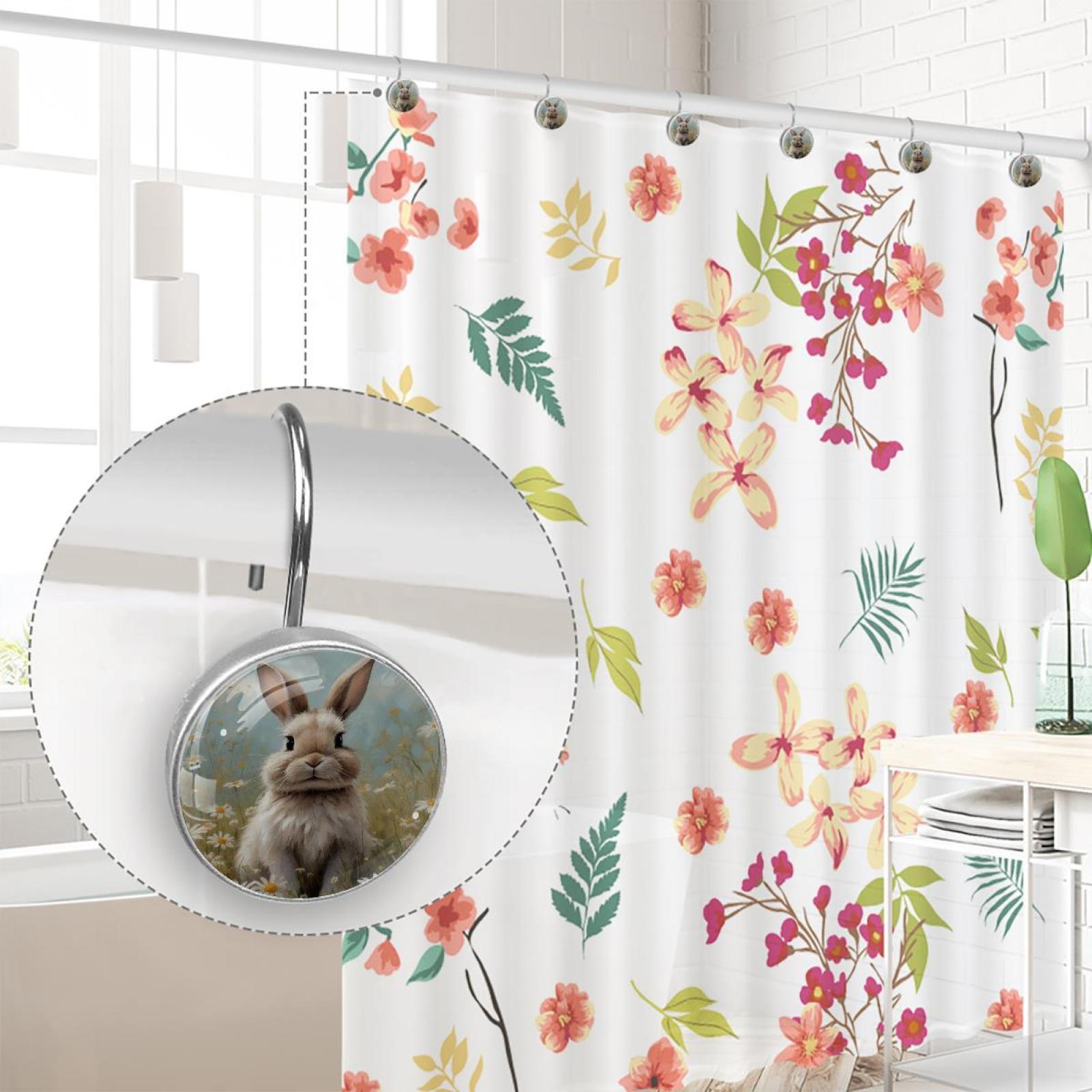 Imobaby 12 Pcs Metal Shower Curtain Hooks Rust Proof for Shower Curtain Liner - Daisy Apricot Rabbit