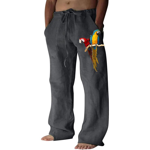 Pantalones casuales de lino para hombre, estampado de mariposas y pájaros, talla grande, sueltos, ligeros, elásticos, con cordón, para exteriores, playa, yoga 015-gris oscuro 2XL 015-gris oscuro 2XL Xishao ropa