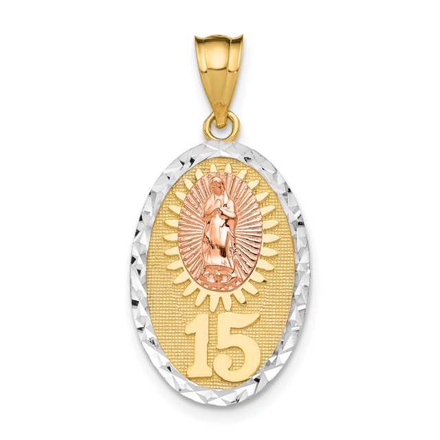 14k Yellow and White Gold Yellow & Rose Gold w/Rhodium Guadalupe & 15 Pendant Length 22mm