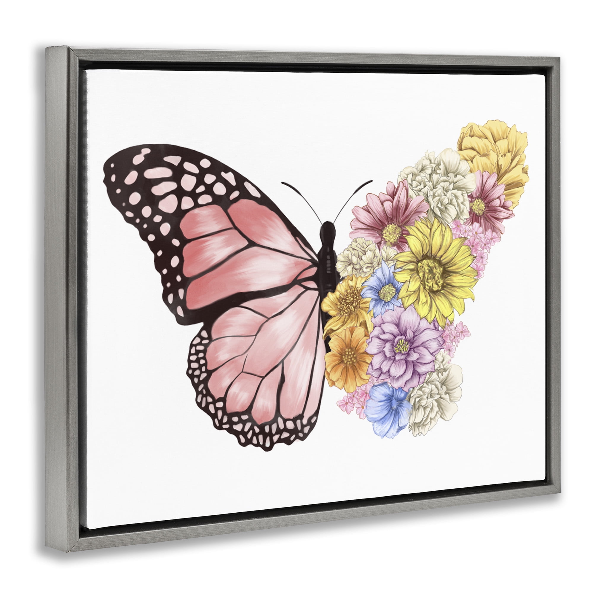 Stupell Industries Butterfly Floral Bouquet Wing Animals & Insects Painting Gray Floater Framed Canvas Art Print Wall Art, 21 x 17