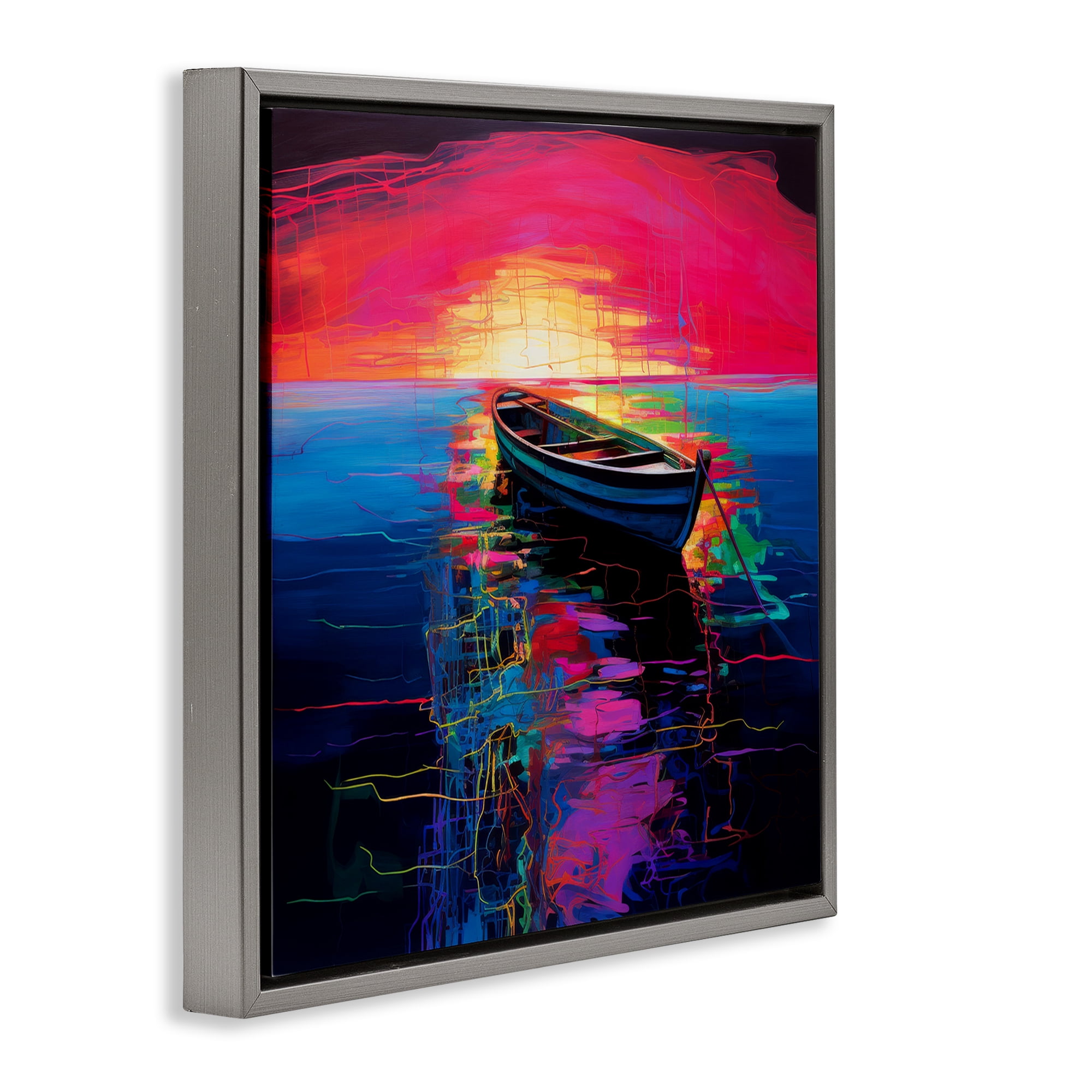 Stupell Industries Boat in Bold Sunset Transportation Painting Gray Floater Framed Canvas Art Print Wall Art, 25 x 25
