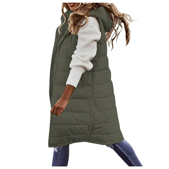 Long Puffer Vest Women with Hood Zipper Sleeveless Jacket Down Jacket Vest Winter Warm Thickened Coat Outerwear