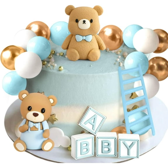 Cake Decoration Set with Bear Balloon Ladder Letter Accessories - Light Blue Theme Birthday Party Baking Decorations