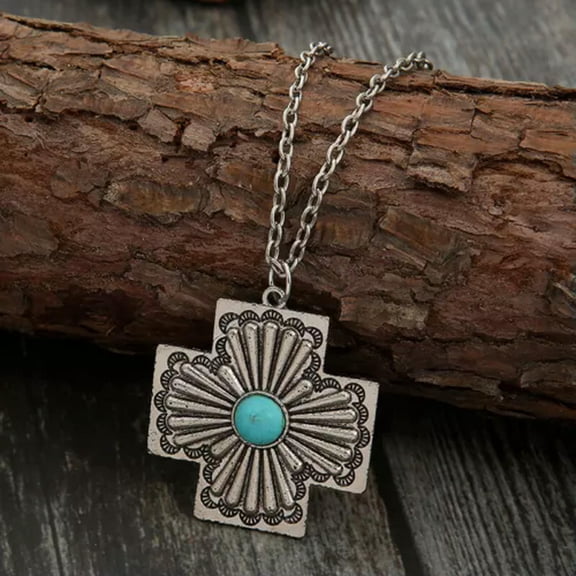 HOOUN Vintage Western Turquoise Cross Pendant Necklace Silver Plated Jewelry Gift-Ancient Silver
