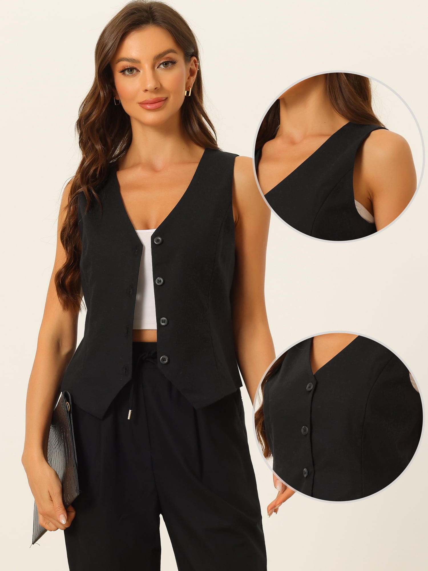 DARING DIVA Women's Button Down Sleeveless V Neck Crop Top Summer Vest M Black