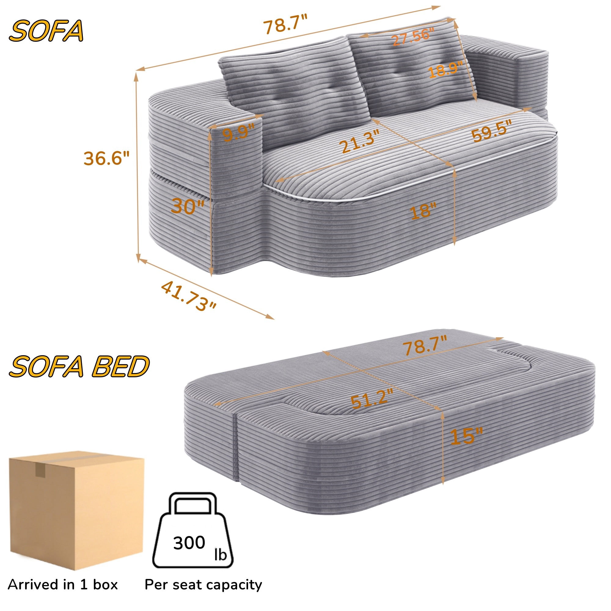 2-in-1 Convertible Sleeper Sofa Bed,78.7" Modern Foldable Sofa Plush Corduroy Fabric Sofa,Deep Seat Sofa Couch for Living Room, Bedroom,LIGHT GREY