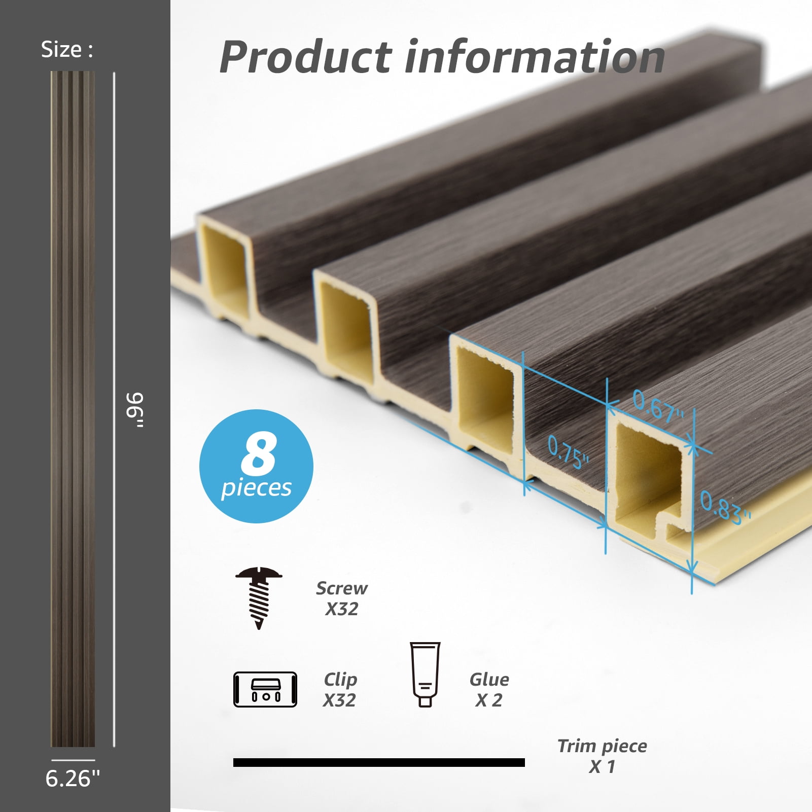 Art3d Slat Wall Panel,WPC Acoustic Diffuser 3D Wall Panel,8 Pieces 96x6 inch-Walnut(32 sq.ft/Case)