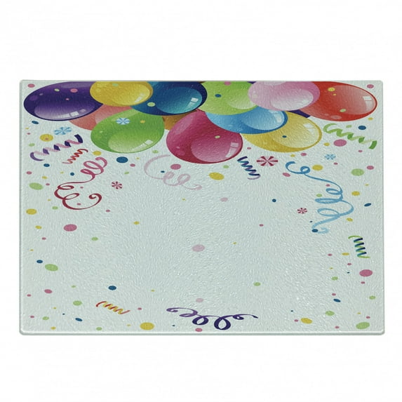 Party Cutting Board, Enjoyment Fun Entertainment Theme Vivid Colorful Objects with Abstract Elements, Decorative Tempered Glass Cutting and Serving Board, Small Size, Multicolor, by Ambesonne