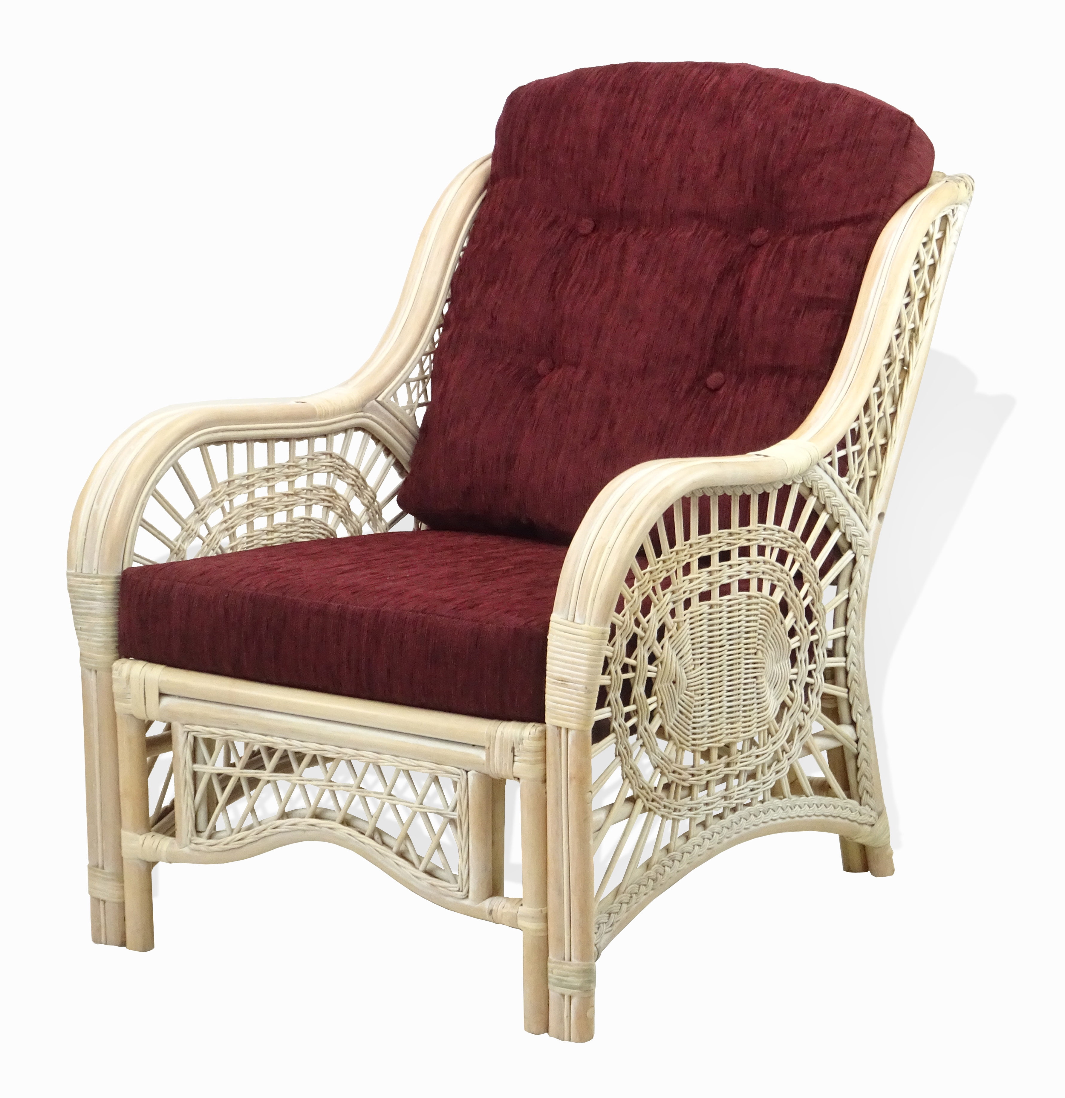 SunBear Furniture Lounge Jam Arm Chair ECO Natural Handmade Rattan Wicker with White Cushions Gognac Light Brown