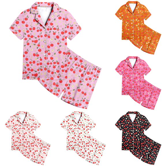 JAJAHO Girls Pajamas For Kids 2-13Y Satin 2 Piece Sets Cherry Printed Short Sleeve Button Up Shirts And Shorts Set