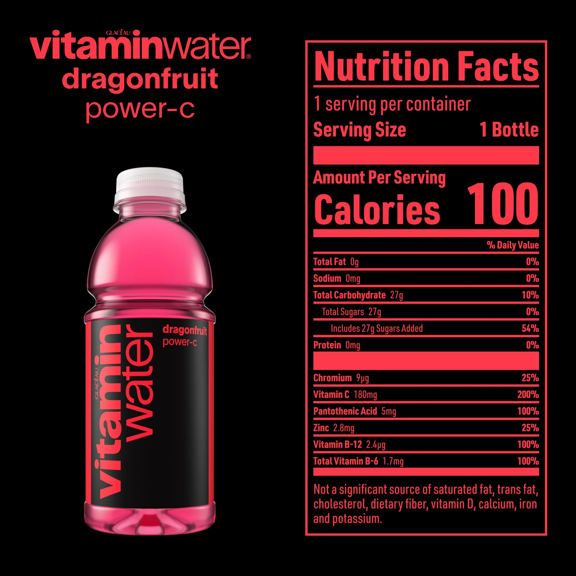 vitaminwater Power-C Dragonfruit Nutrient Enhanced Flavored Water Beverage, 20 fl oz Bottles (4 Pack)