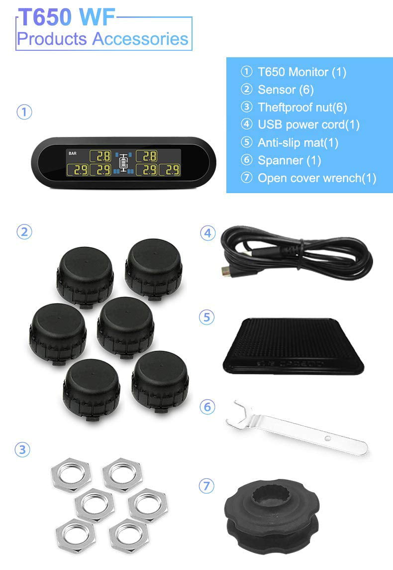 6 Alarm Function and Real-time Display Tire Pressure and Temperature. B-Qtech Tire Pressure Monitoring System for RV Trailer Solar/USB Charging TPMS Wireless Monitor with 6 Tire Pressure Sensors 