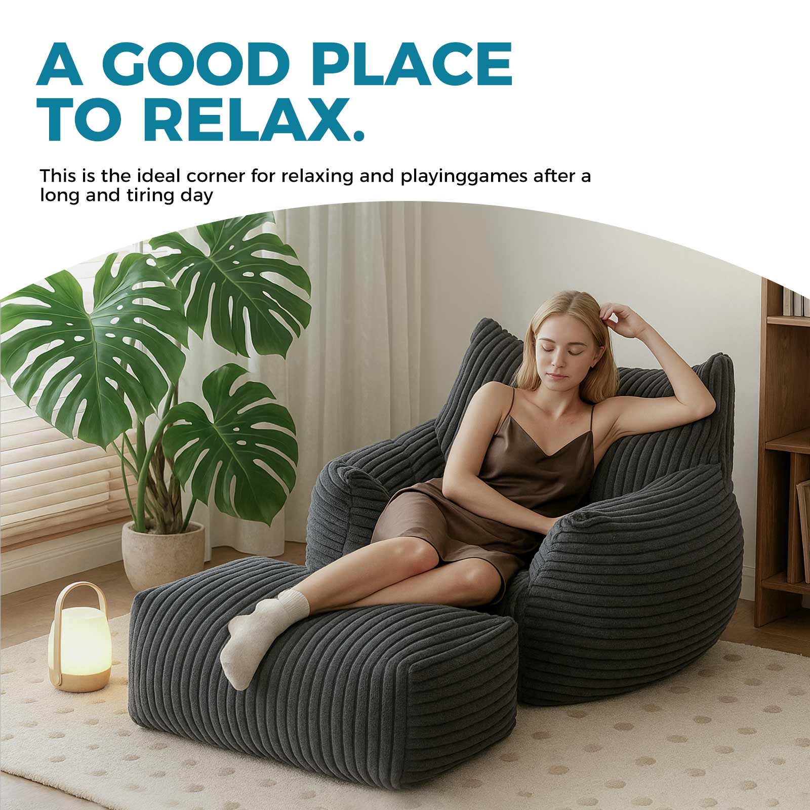 Bean Bag Chair with Ottoman,Big Bean Bag Chairs for Adults with Filling,Lazy Floor Chair with Back Support,Memory Foam Sofa Giant Beanbag Chair for Bedroom Livingroom