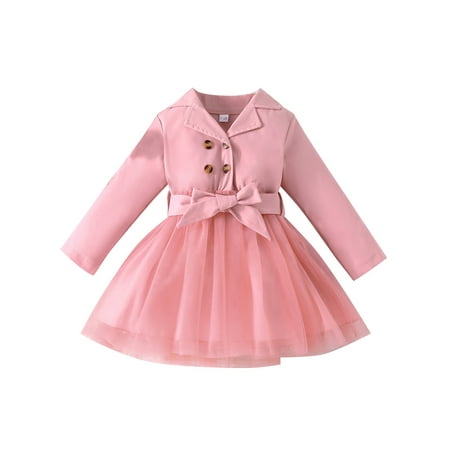 

Sunisery Toddler Baby Girls A-line Tulle Dress Fashion Autumn Winter Outwear Long Sleeve Button Lapel Dress with Belt Party Dress