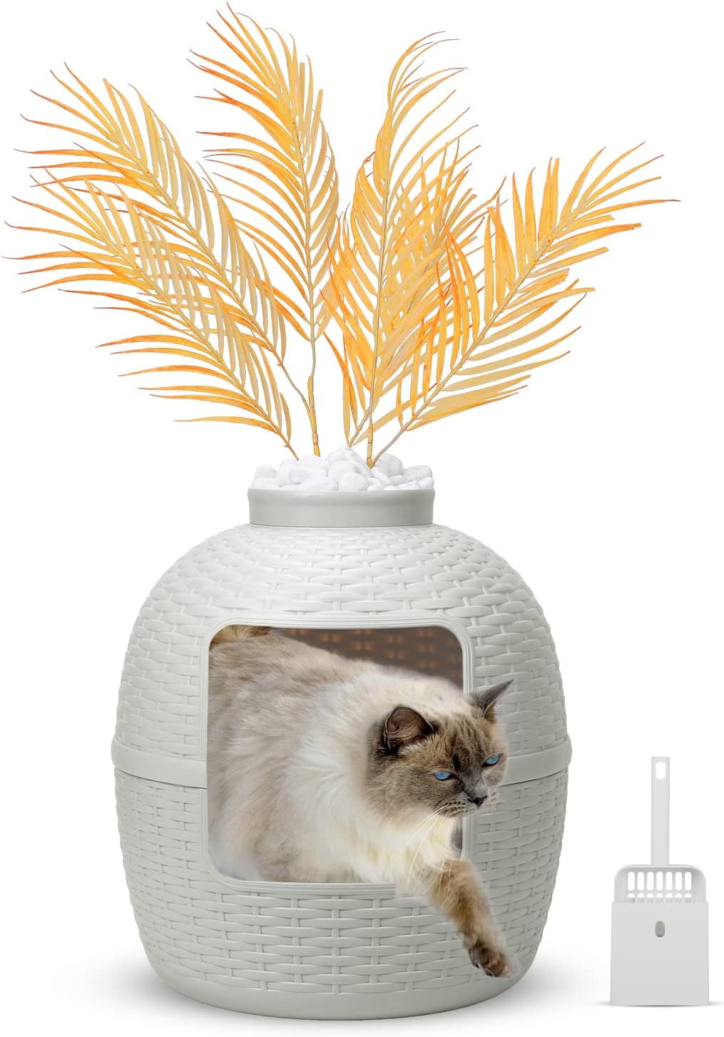Hidden Plant Litter Box with Litter Scoop,Rattan Style Cute Enclosed
