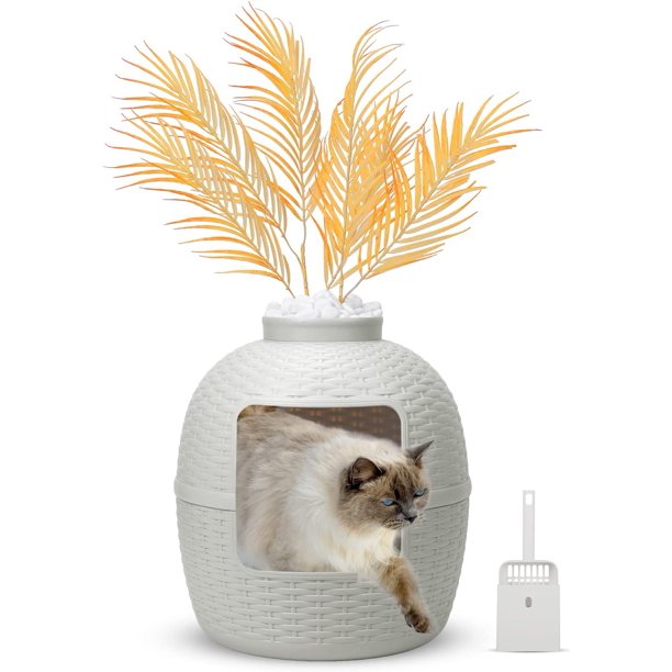 Hidden Plant Litter Box with Litter Scoop,Rattan Style Cute Enclosed