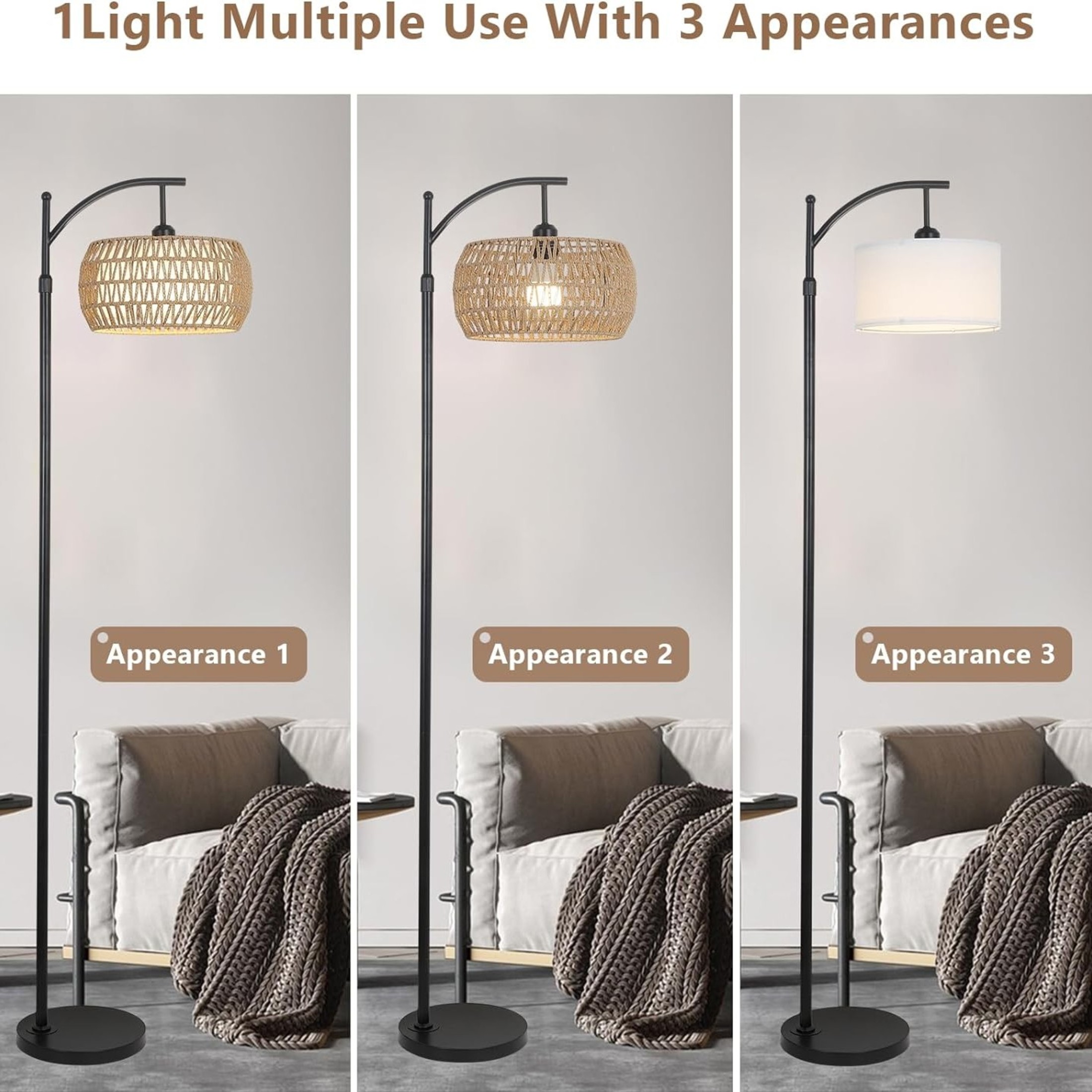 Noble House Modern Rattan Floor Lamp, Remote Dimmable, Adjustable Tall & Color Temperatures, Arc Drum Shade, Black