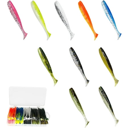 Genreen 100pcs Paddle Tail Swimbaits Lures Soft Plastic Fishing Lures Kit 2.75 Bass Fishing Bait for Freshwater and Saltwater with Box