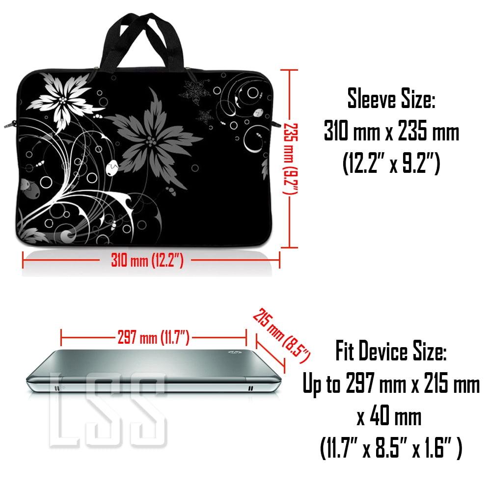 LSS 10-11.6 inch Laptop Sleeve Bag Compatible with Acer, Dell, HP, Sony, MacBook, Carrying Case w/ Handle & Adjustable Strap - Black and White Floral Design
