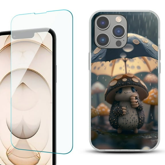 OneToughShield ® for iPhone 15 Pro Max Shockproof Fashion Phone Case, with Tempered Glass Screen Protector - Frog n Mushroom