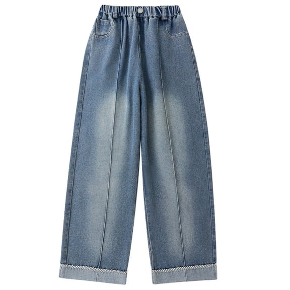 OSOLU Girls Jeans Casual Wide Straight Leg Loose Fit Comfortable Stretch Long Denim Pants Playful Vacation Trousers