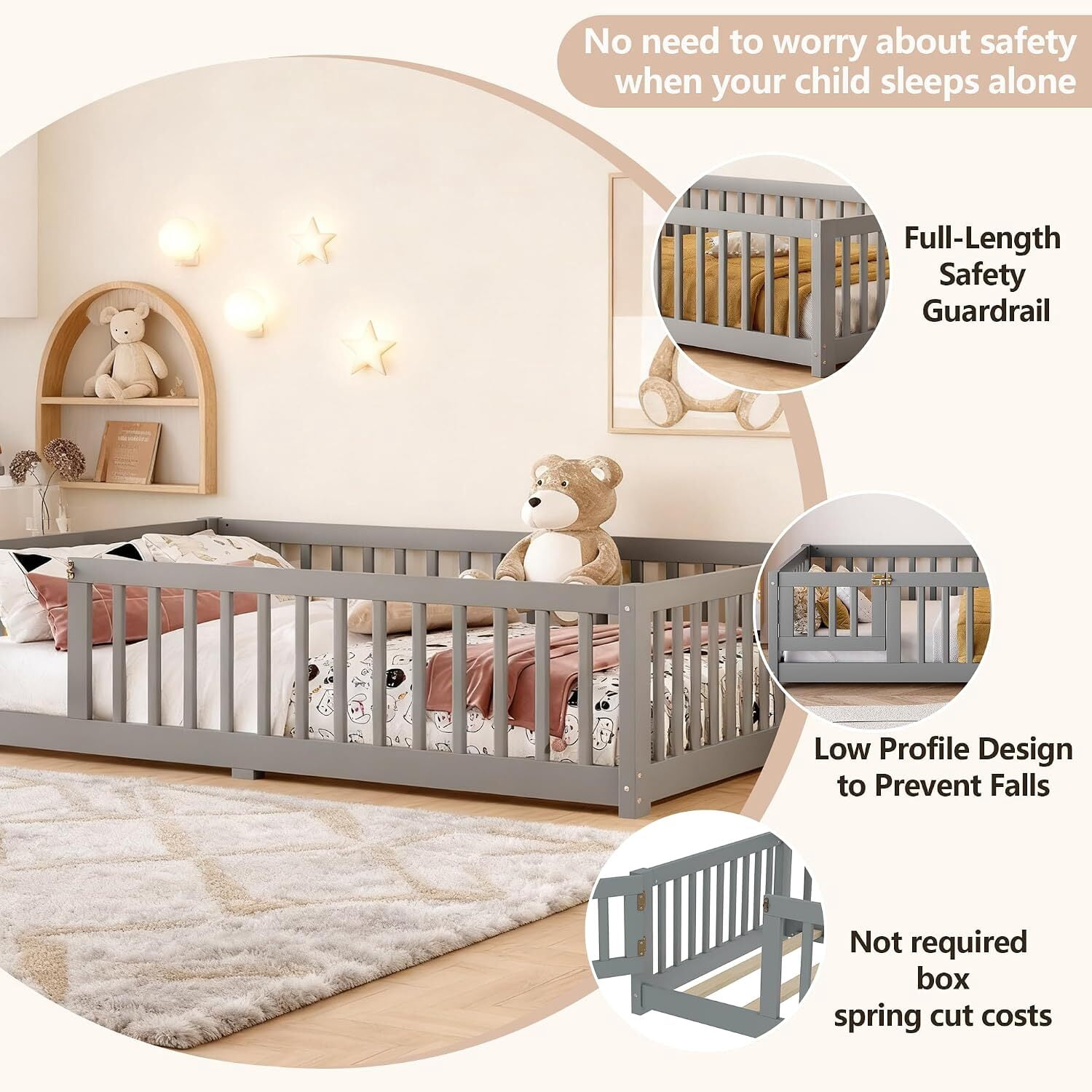 Full Size Floor Bed with Door and Support Slats, Wood Kids Floor Bed with Full-length Guardrails, Montessori Bed Frame Toddler Bed for Kids, No Box Spring Needed Design