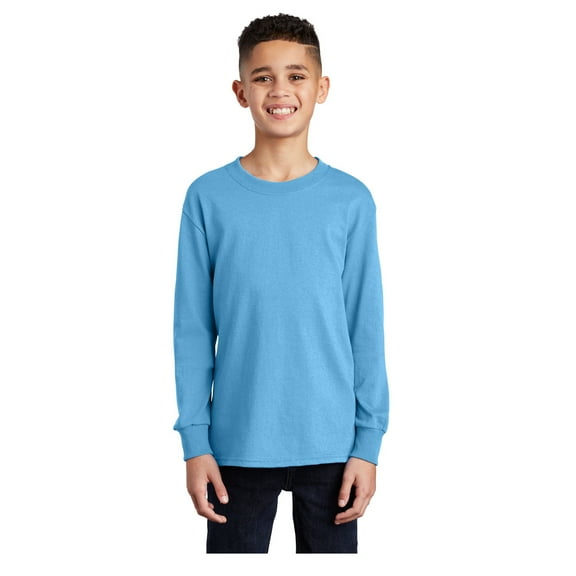 Port & Company Youth Long Sleeve Core Cotton T-Shirt Aquatic Blue X-Small