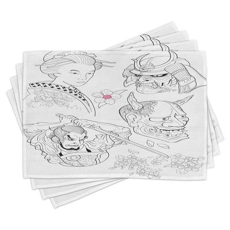 

Kabuki Mask Placemats Set of 4 Samurai Warrior and Japanese Woman Portrait Drawings Sakura Blossoms Washable Fabric Place Mats for Dining Room Kitchen Table Decor Black White Pink by Ambesonne