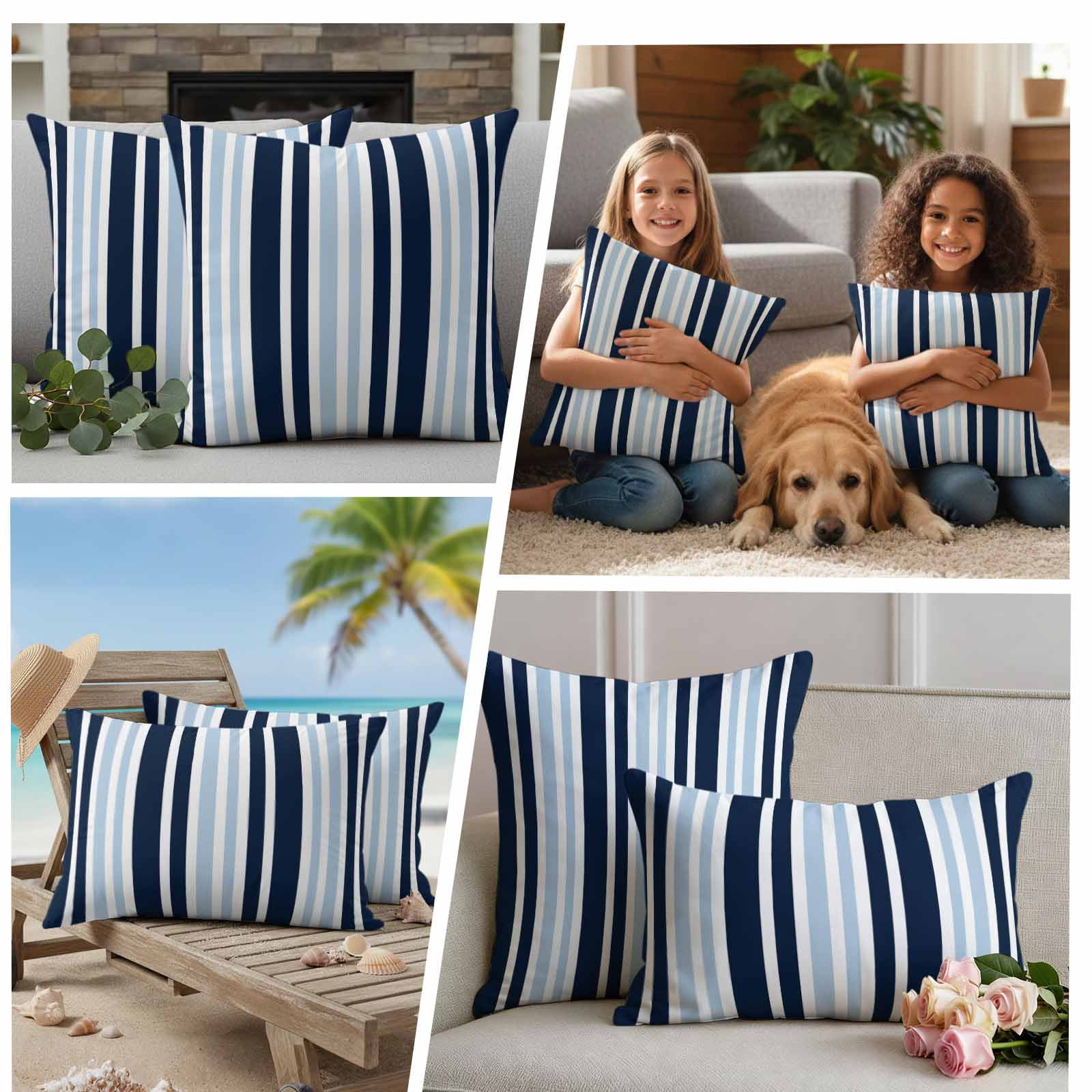 Navy Blue Outdoor Waterproof Pillow Covers, Modern White Geometric Vertical Stripes Decorative Square Throw Pillowcase Sofa Cushion Sham for Patio/Couch/Chair, 24"x24" 2 Pack