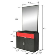 Artist Hand Wall Mount Barber Salon Station Hair Styling Makeup Spa with Mirror, Drawer, 2 Doors (Black+Red)
