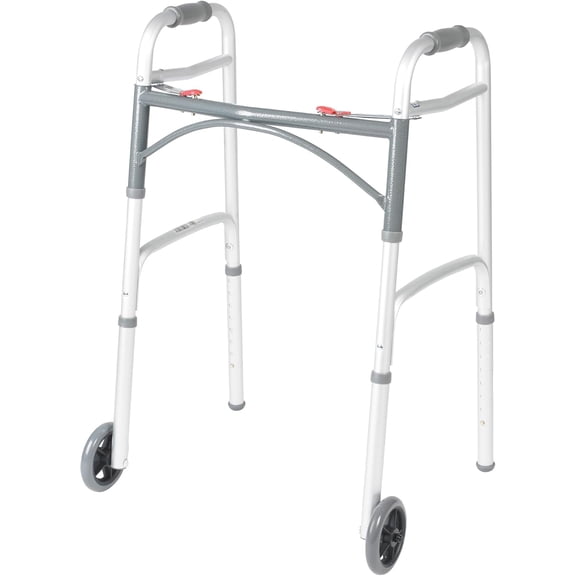 Silver Aluminum 2 Button Folding Rolling Walker with 5 Inch Front Wheels, Mobility Aid, Adjustable Height Lightweight Dual Push Button Stable Support Walker for Elderly Adults