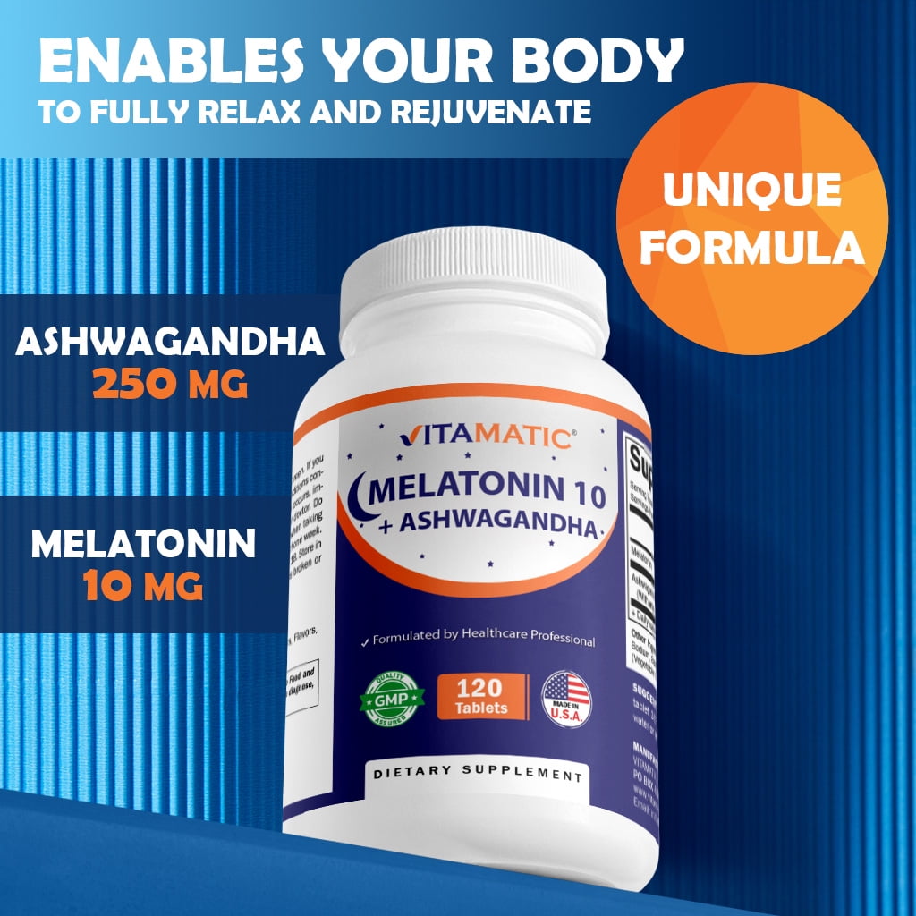 (3 pack) Vitamatic Melatonin 10mg with Ashwagandha 4:1 Extract 250 mg 120 Tablets