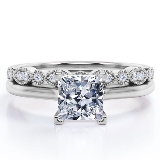 JeenMata Juego de 4 Puntas - Corte Princesa de 1,50 Quilates - Milgrain y Filigrana - Juego de Boda - Baño de Oro Blanco de 18 K sobre Plata (Personaliza la Banda de Tu Anillo de Boda)