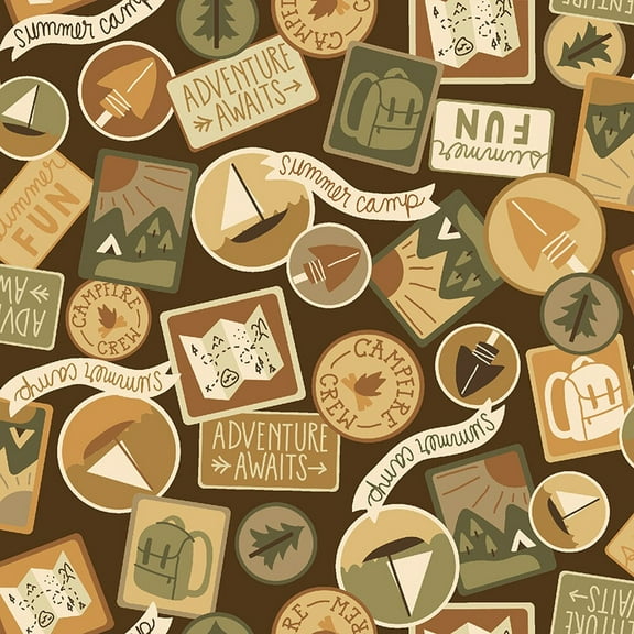 Camping Patches Brown fabric, Camping Crew Patches Bark cotton fabric, Sold by the Quarter Yard