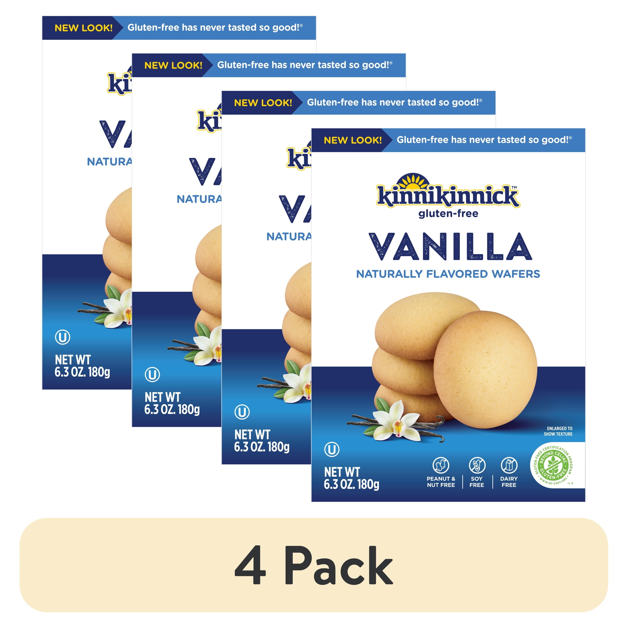 (4 pack) Kinnikinnick Gluten-Free Vanilla Wafer Gluten-Free Vanilla Naturally Flavored Wafers Gluten-Free Cookies Kosher Peanut Free Nut Free Soy Free Dairy Free 6.3 oz.