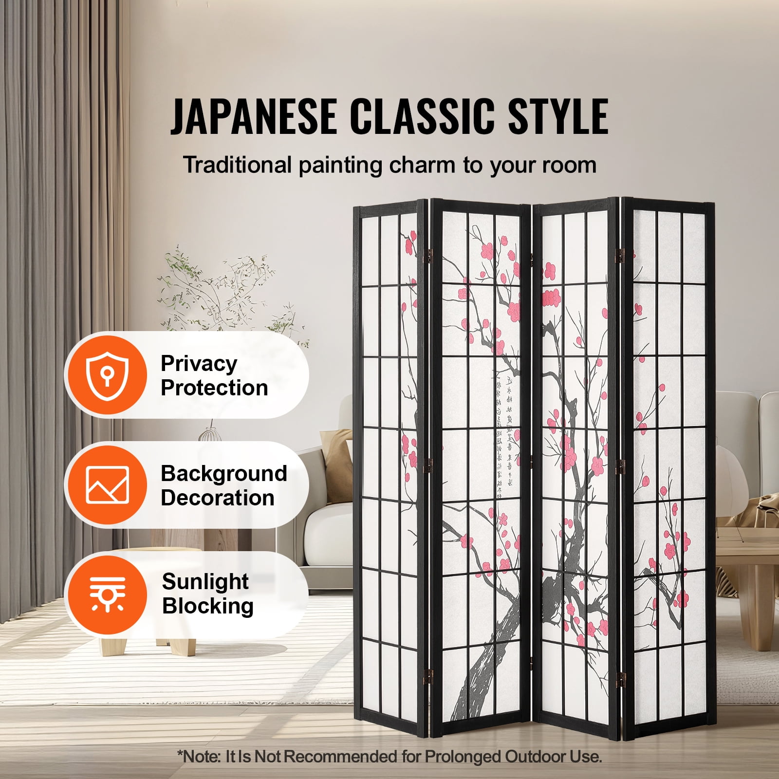 KFFKFF 4-Panel Japanese Room Divider Screen, Wooden Folding Privacy Screen for Indoor Use, Portable Partition for Room Separation and Decoration in Home, Office, Restaurant, and Bedroom