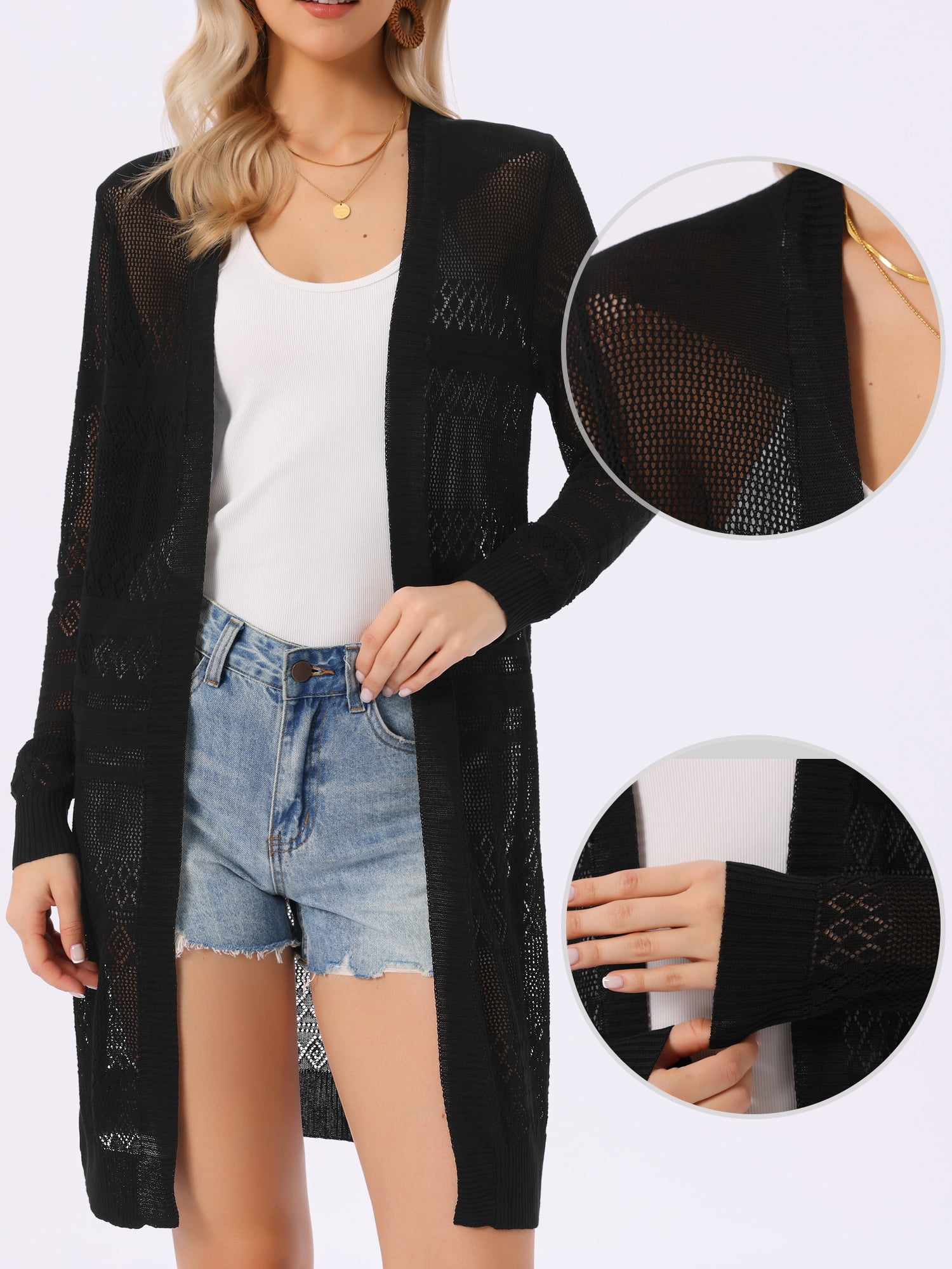 DARING DIVA Women's Lightweight Open Front Summer Coverup Crochet Cardigan L Black