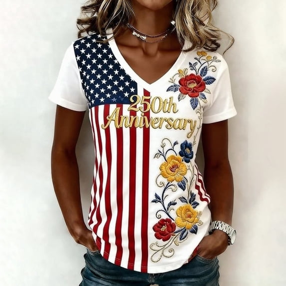 Rggeeun Womens Tees Stars With Stripes & Floral Print Celebrate America'S 250Th Anniversary Short Sleeve V Neck For 4Th Of July Summer Outdoor Nautical Style Tops,White,S