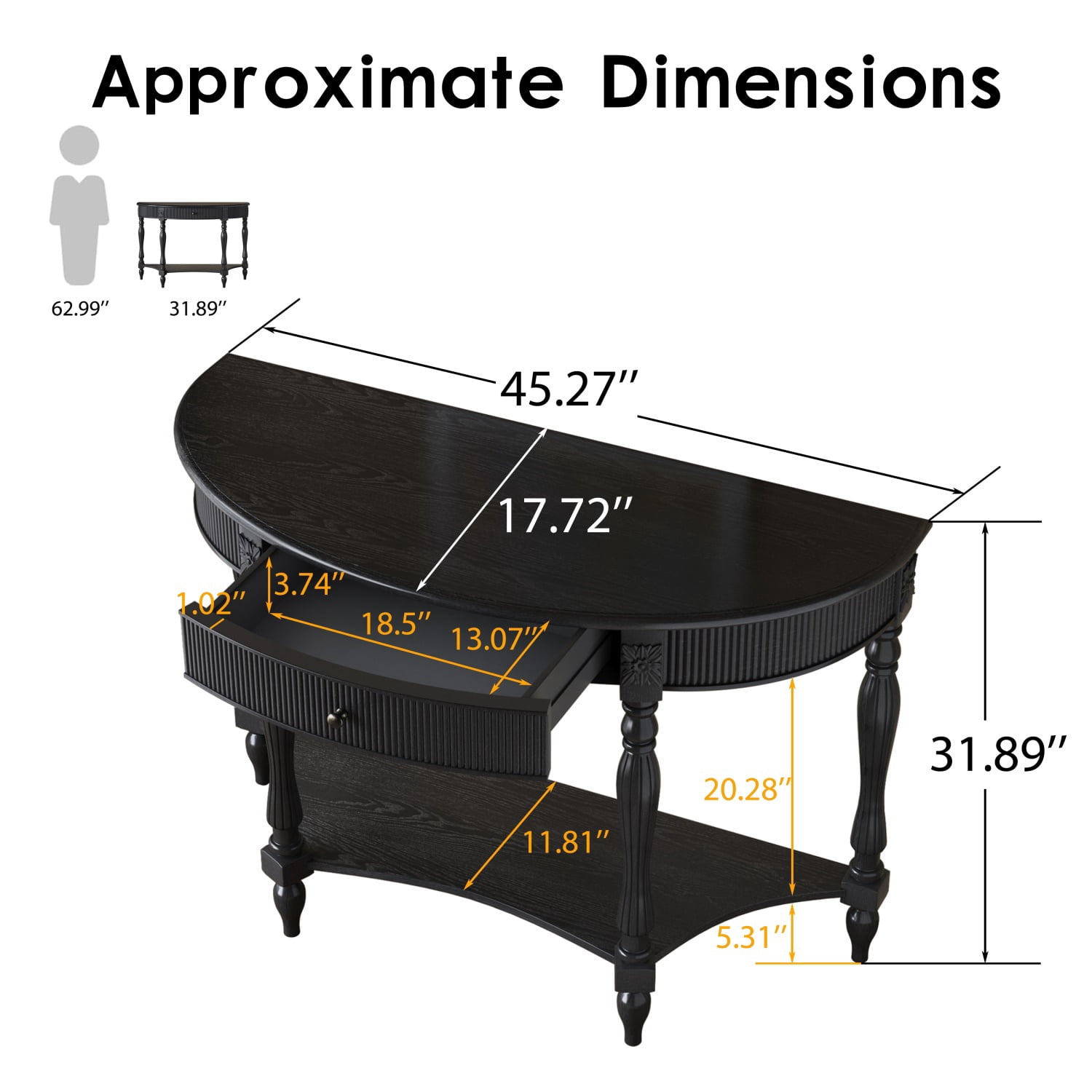 Hommoo Solid Wood Half Moon Console Table with Drawer & Open Shelf, Vintage Fluted Entryway Table for Hallway, Foyer, Living Room, Space-Saving Semicircular Accent Furniture, Black